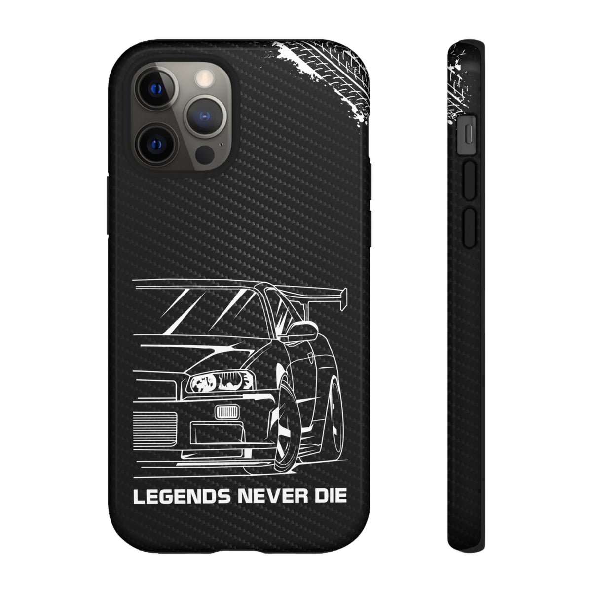 JDM Legends Never Die Tough Phone Case - iPhone 12 Pro, glossy, front and side view