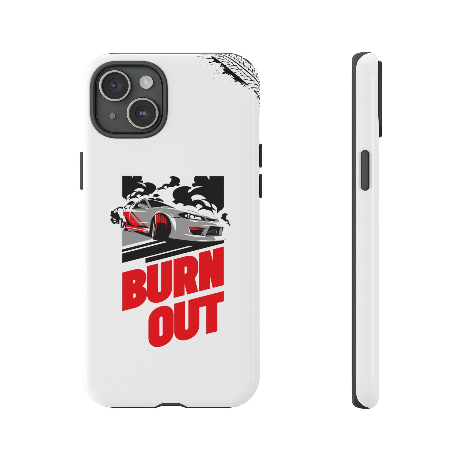 JDM Burnout Tough Car Phone Case - iPhone 15 Plus, glossy, front and side view