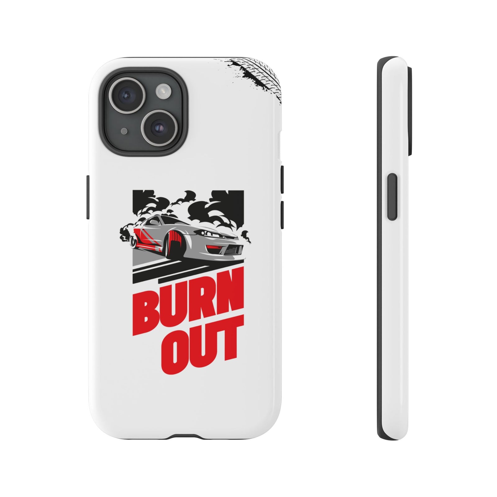 JDM Burnout Tough Car Phone Case - iPhone 15, glossy, front and side view