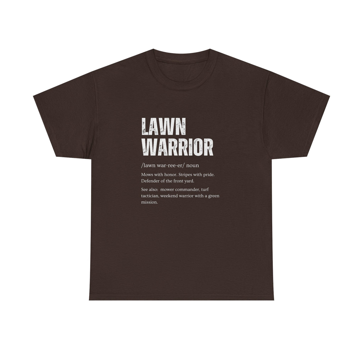 Lawn Warrior shirt close up - funny lawn care battle tee