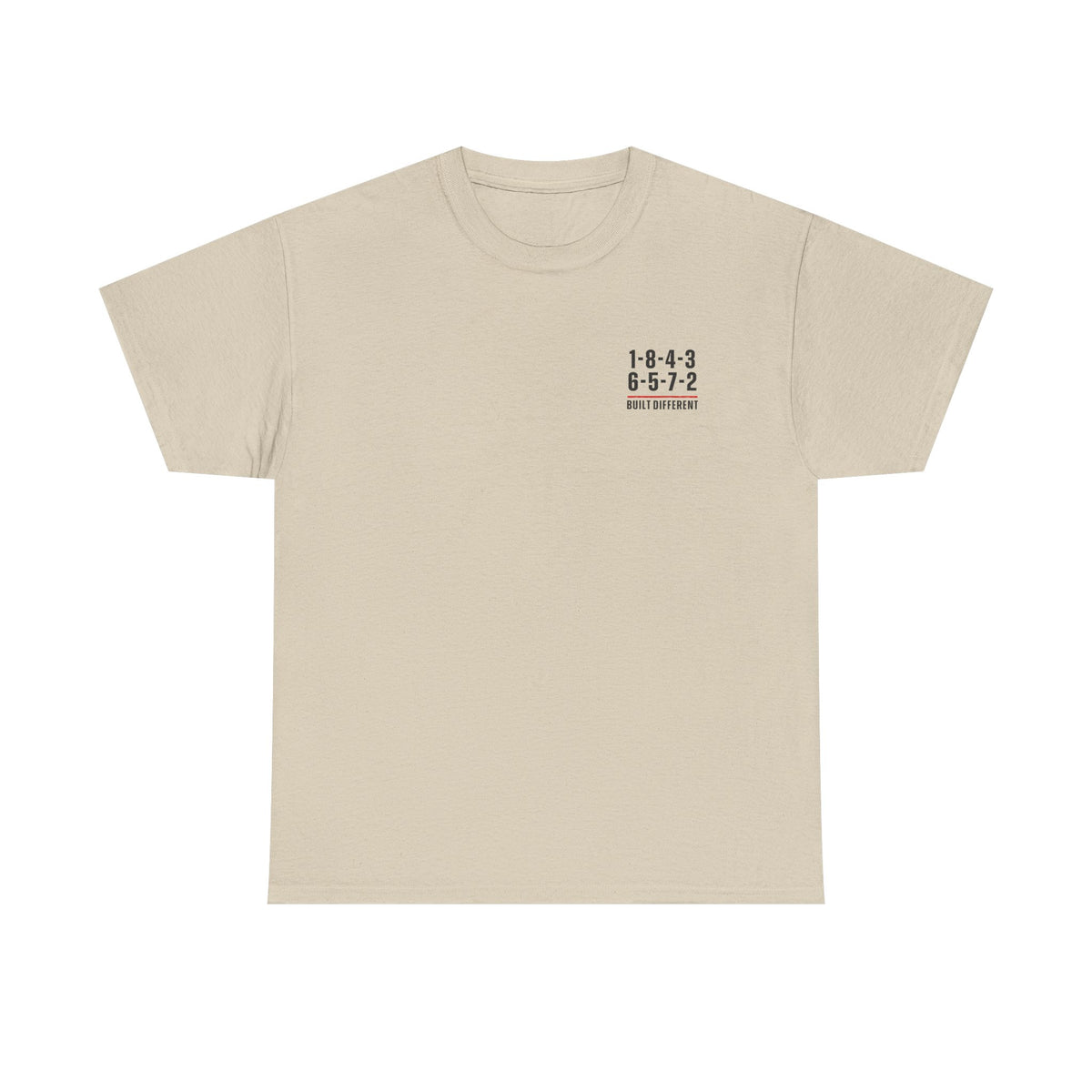 Built Different V8 T-Shirt close up - 1-8-4-3-6-5-7-2 engine code tee for car guys