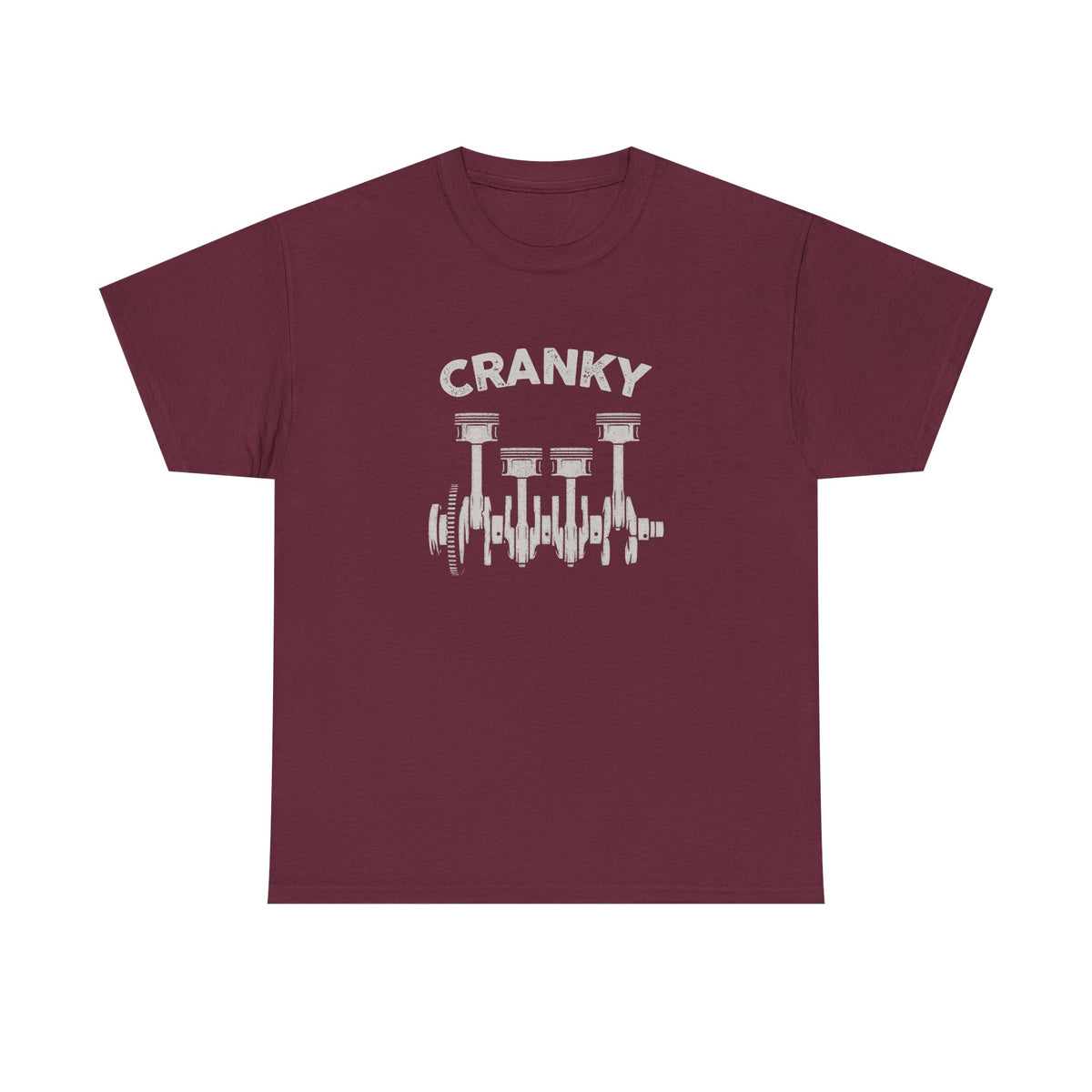 Cranky Mechanic shirt close up - crankshaft humor tee for car enthusiasts