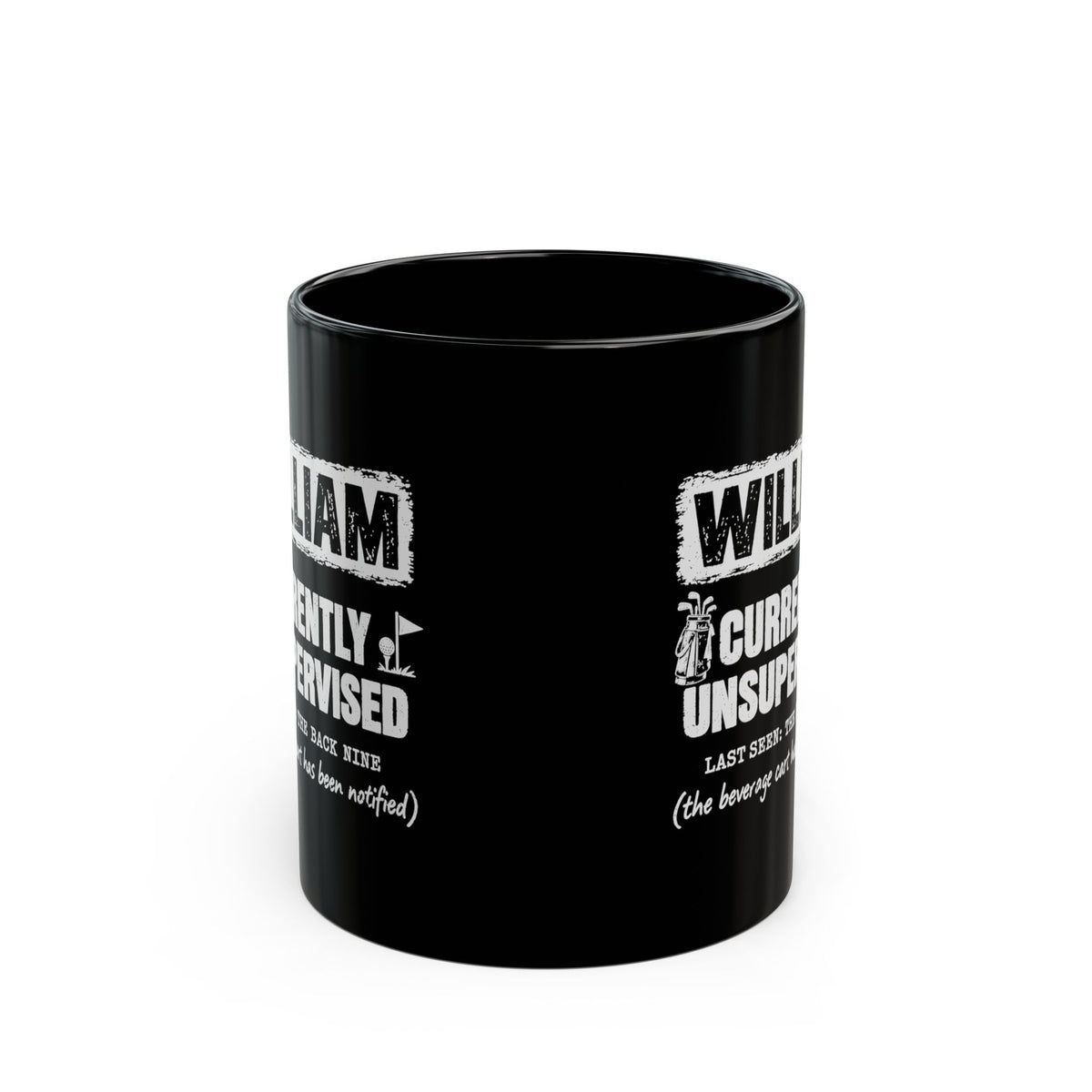 Currently Unsupervised Personalized Golf Mug - 11oz black coffee mug, front view with print on both sides