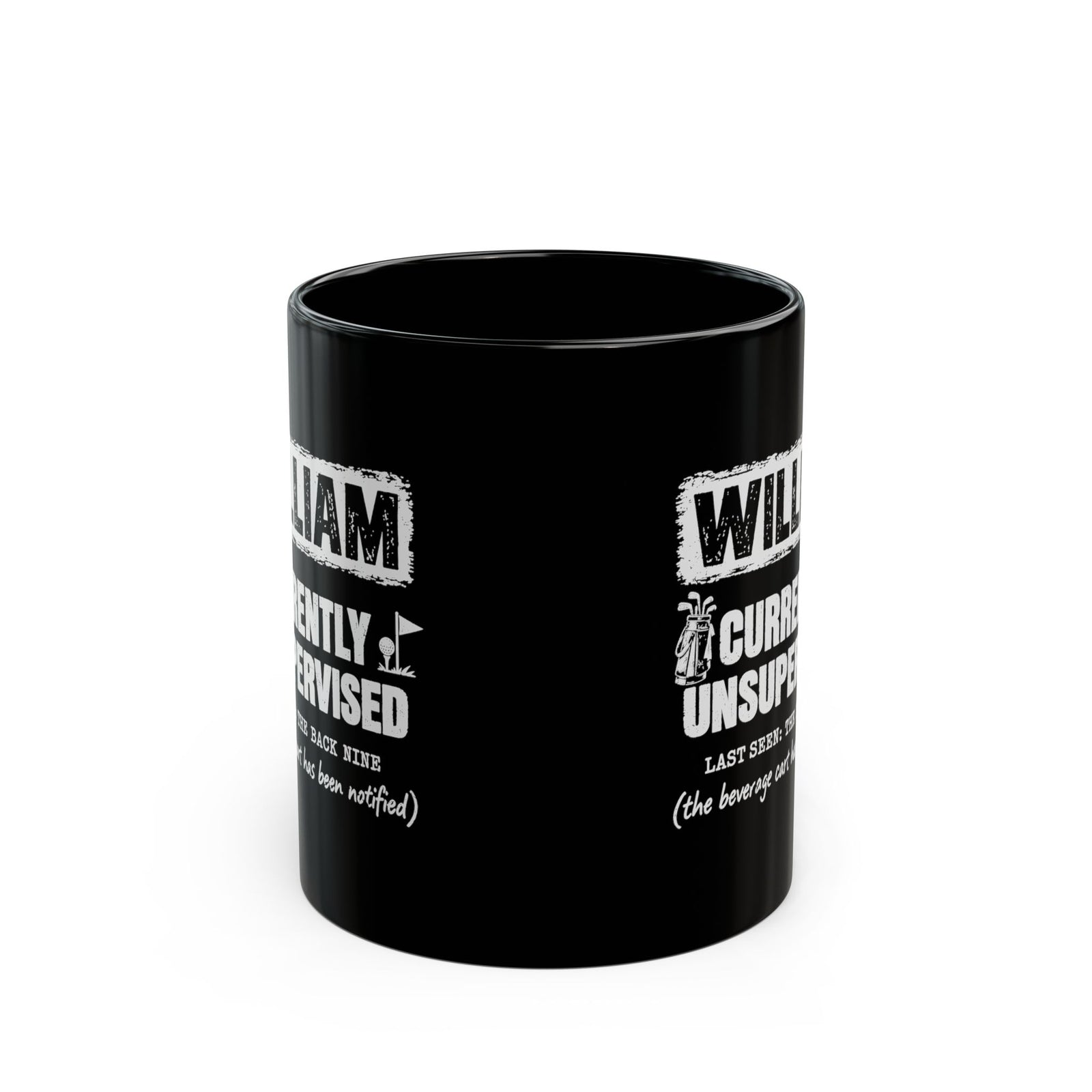Currently Unsupervised Personalized Golf Mug - 11oz black coffee mug, front view with print on both sides