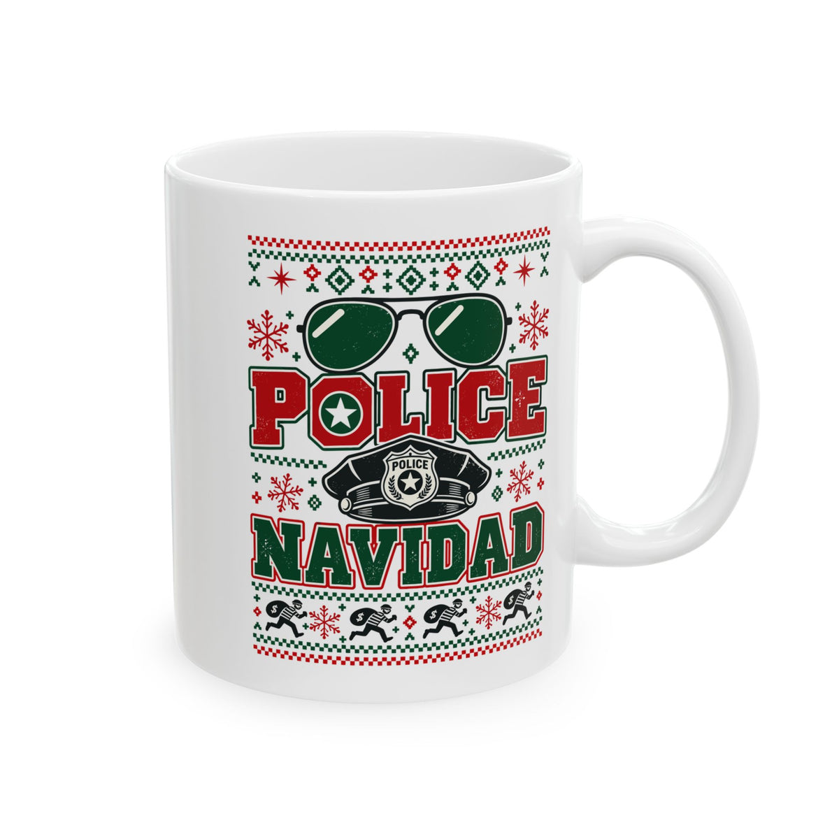 Police Navidad Coffee Mug - 11oz white coffee mug, handle on the right