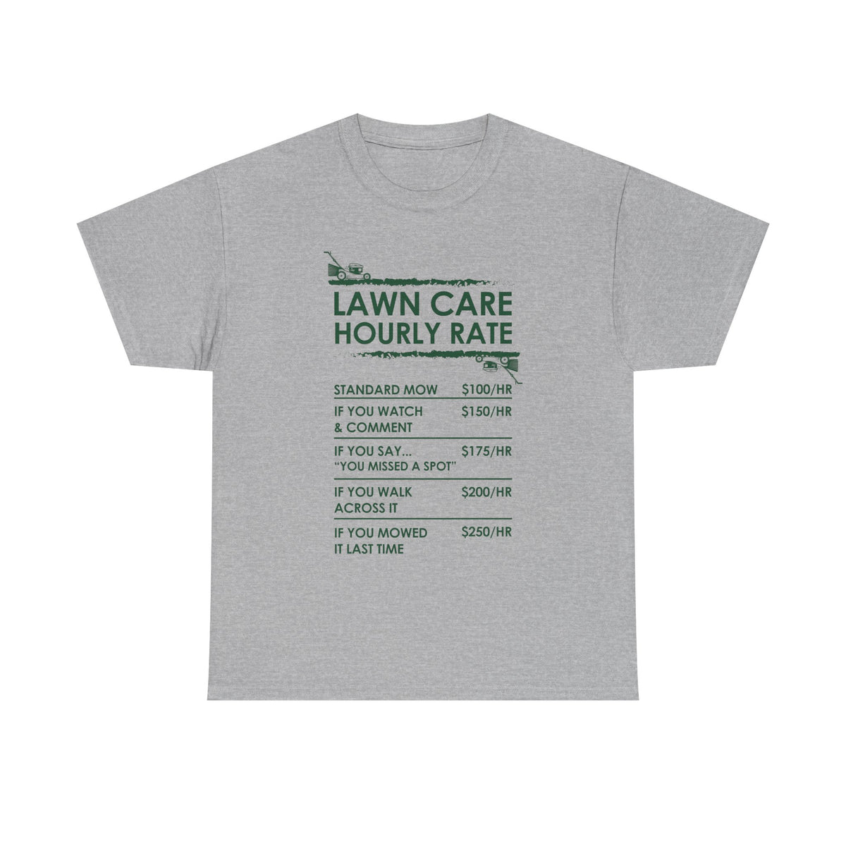 Lawn Care Hourly Rate shirt flat lay - humor tee for lawn enthusiasts