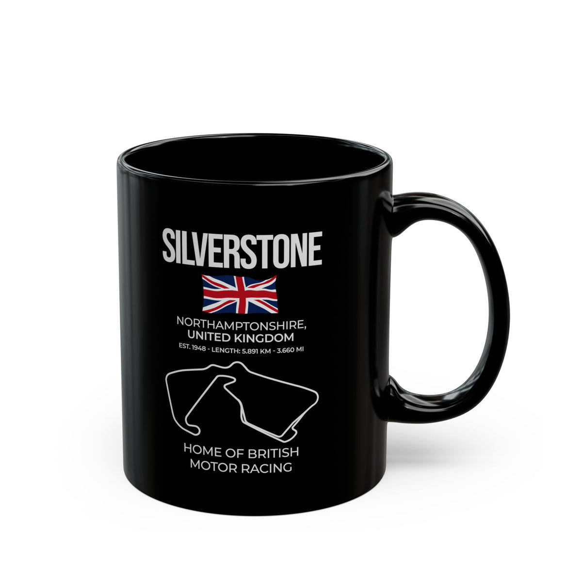Silverstone Race Track Mug - 11oz black coffee mug, handle on the right
