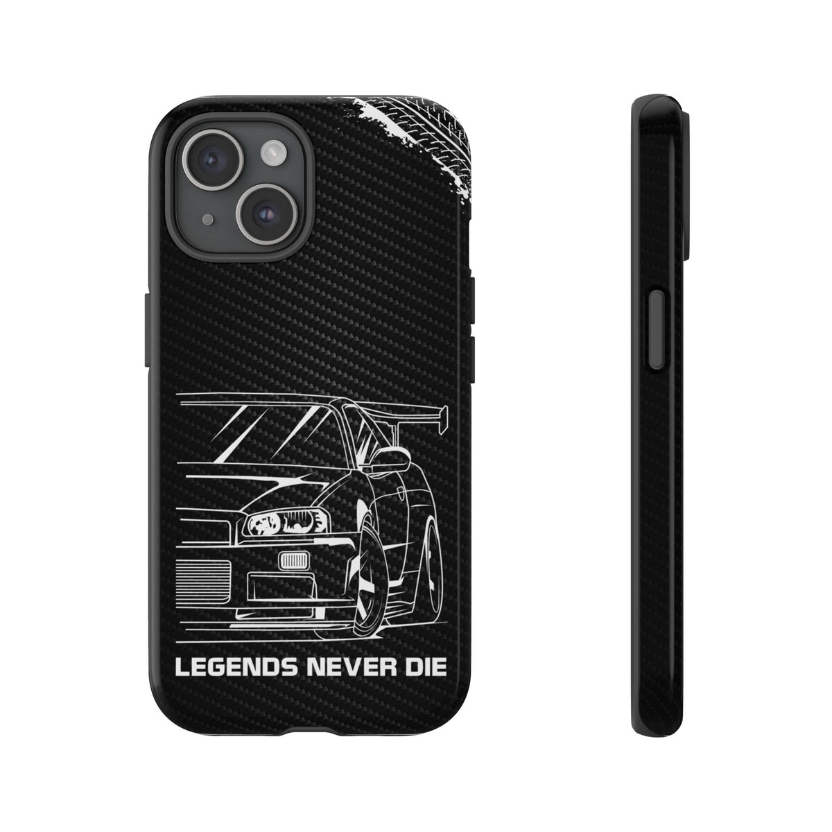 JDM Legends Never Die Tough Phone Case - iPhone 15, glossy, front and side view