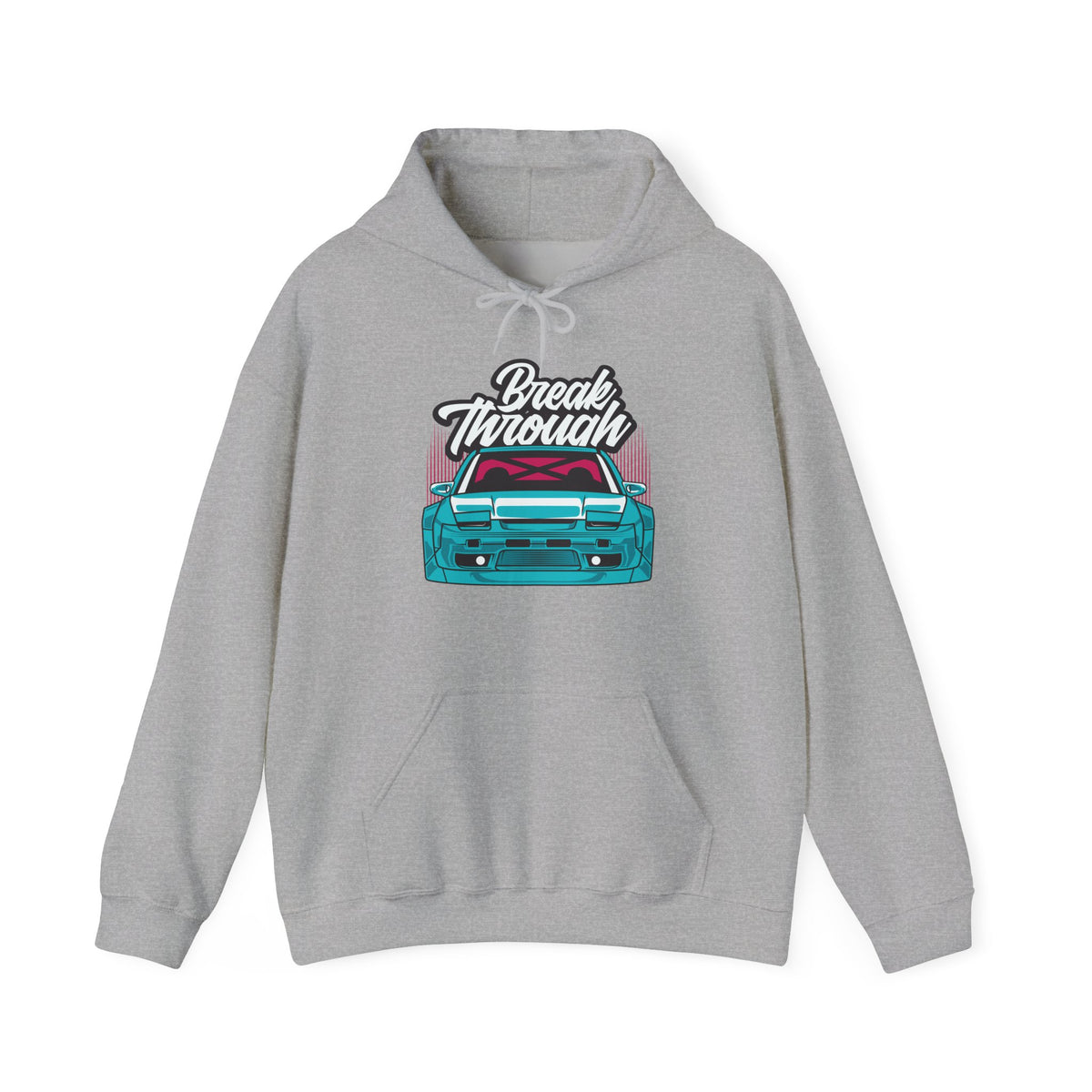 Athletic Heather hoodie with a teal JDM drift coupe front view under a Break Through script logo