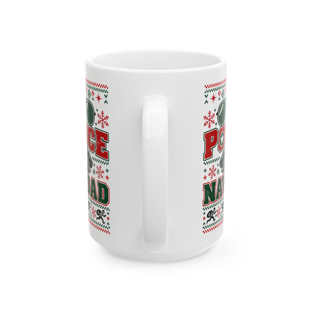 Police Navidad Coffee Mug - 15oz white coffee mug, handle facing front