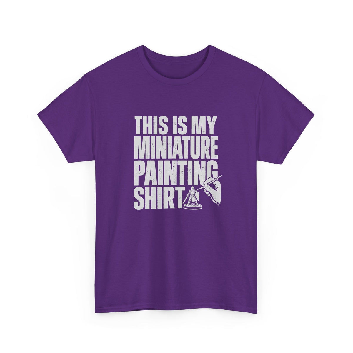 This Is My Miniature Painting Shirt - Purple t-shirt with the big distressed This Is My Miniature Painting Shirt lettering and a hand painting a tiny knight printed on the front