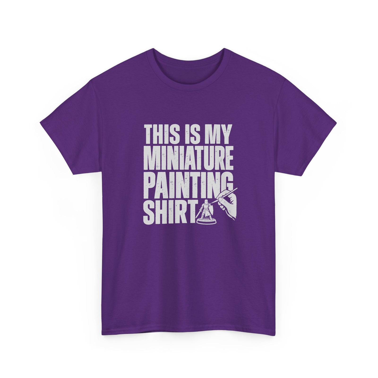 This Is My Miniature Painting Shirt - Purple t-shirt with the big distressed This Is My Miniature Painting Shirt lettering and a hand painting a tiny knight printed on the front