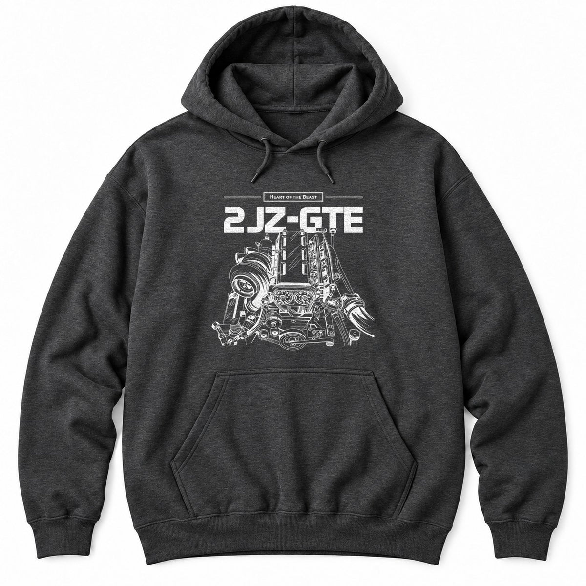 Dark Heather hoodie with Heart of the Beast and a detailed white turbo inline-six engine illustration under bold lettering