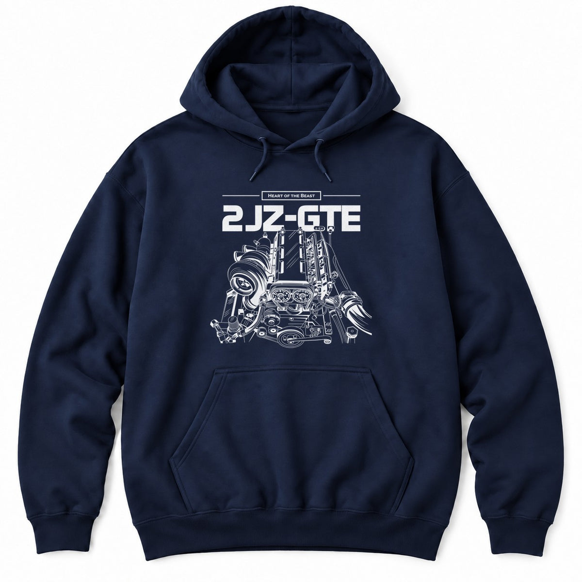Navy hoodie with Heart of the Beast and a detailed white turbo inline-six engine illustration under bold lettering