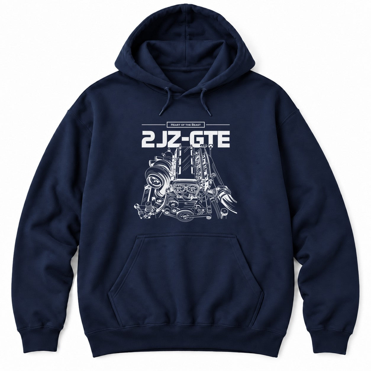 Navy hoodie with Heart of the Beast and a detailed white turbo inline-six engine illustration under bold lettering