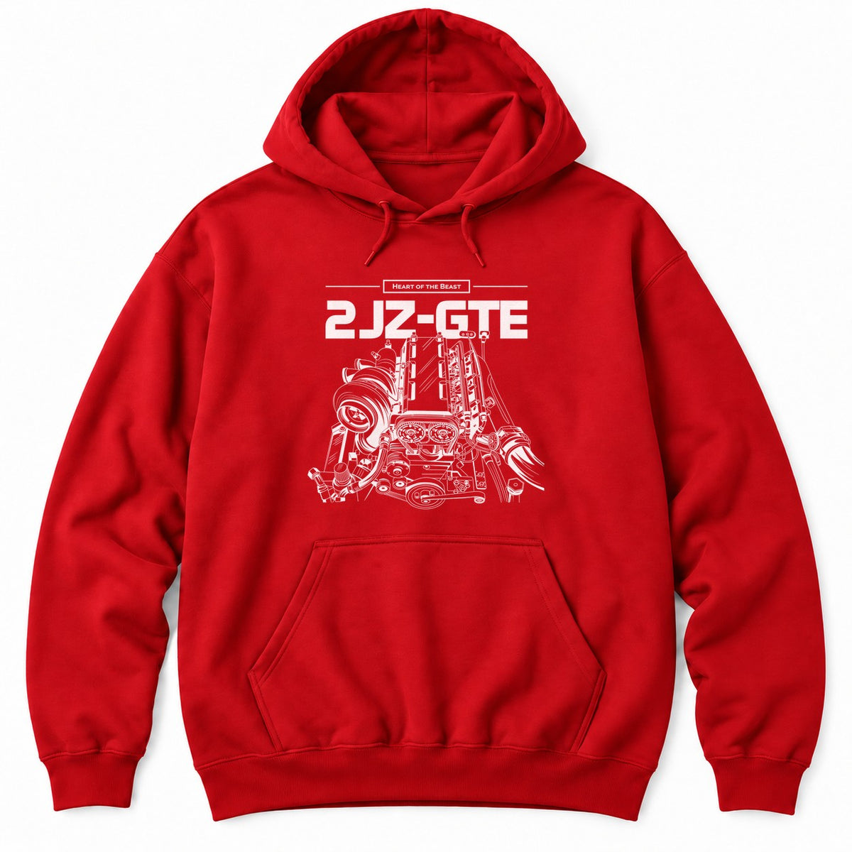 Red hoodie with Heart of the Beast and a detailed white turbo inline-six engine illustration under bold lettering
