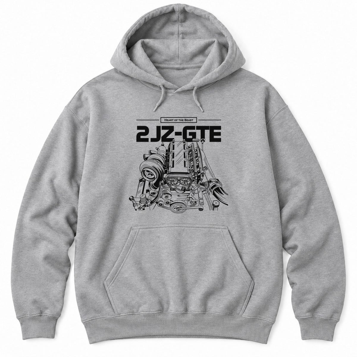 Sport Grey hoodie with Heart of the Beast and a detailed white turbo inline-six engine illustration under bold lettering