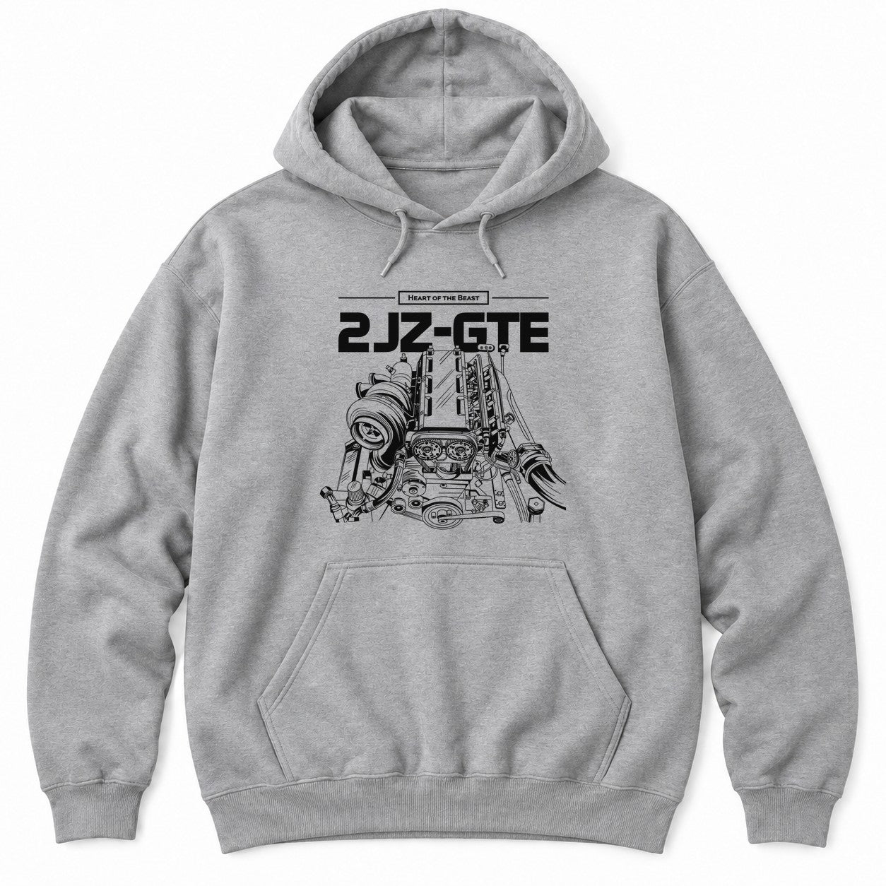 Sport Grey hoodie with Heart of the Beast and a detailed white turbo inline-six engine illustration under bold lettering