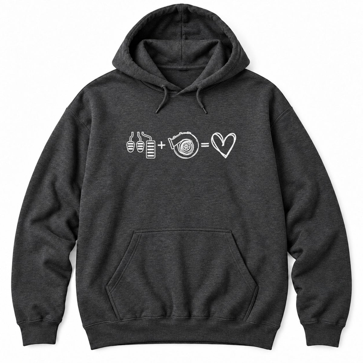 Dark Heather hoodie with white line art of three car pedals plus a turbocharger equals a heart