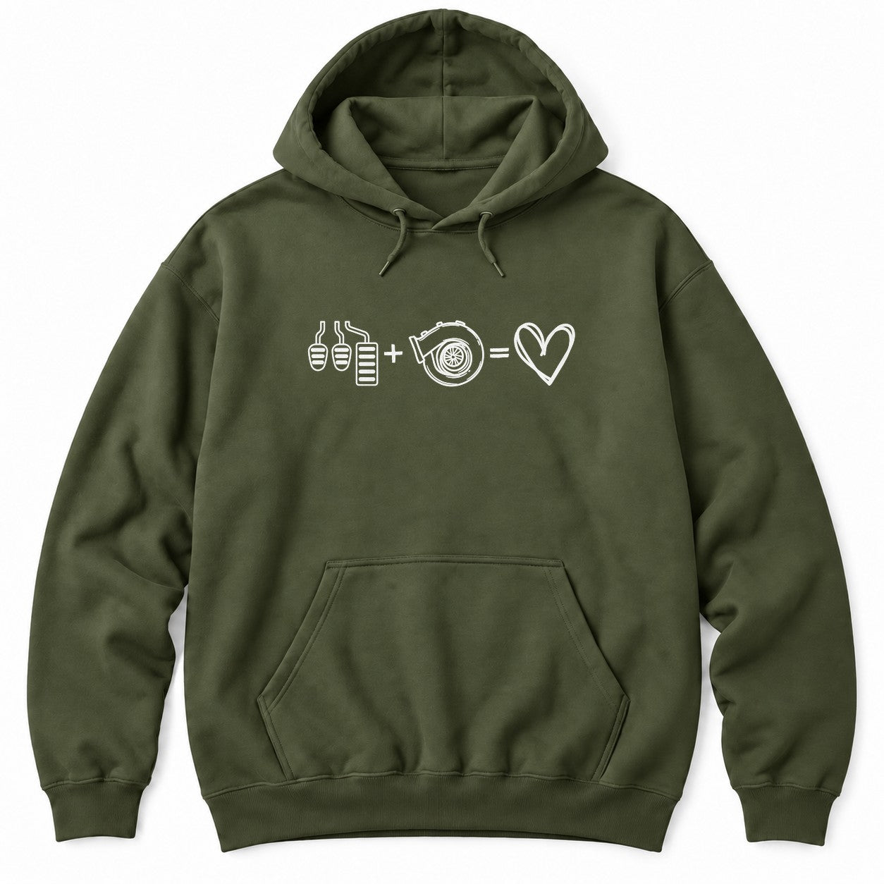 Military Green hoodie with white line art of three car pedals plus a turbocharger equals a heart