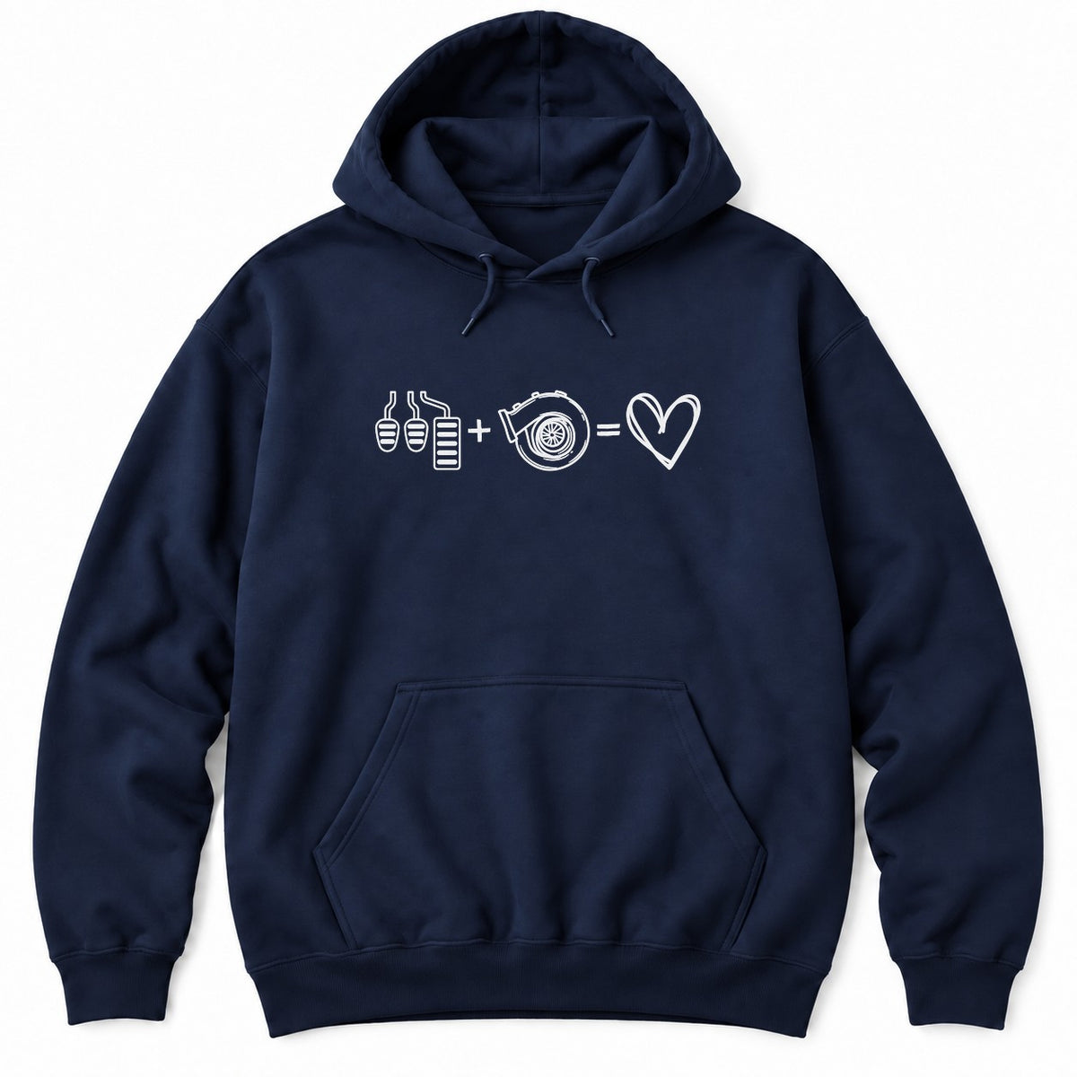 Navy hoodie with white line art of three car pedals plus a turbocharger equals a heart