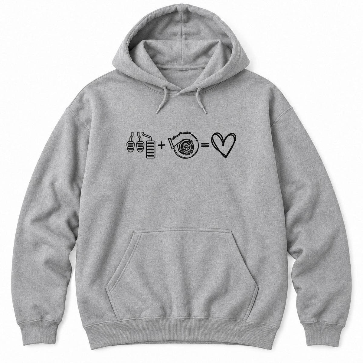 Sport Grey hoodie with white line art of three car pedals plus a turbocharger equals a heart