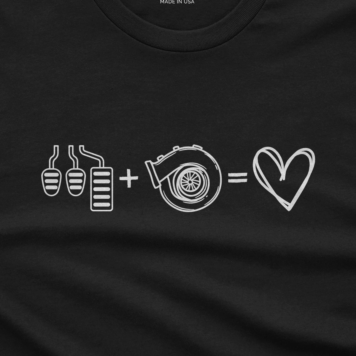 3 Pedals + Turbo = Love T-Shirt design close-up