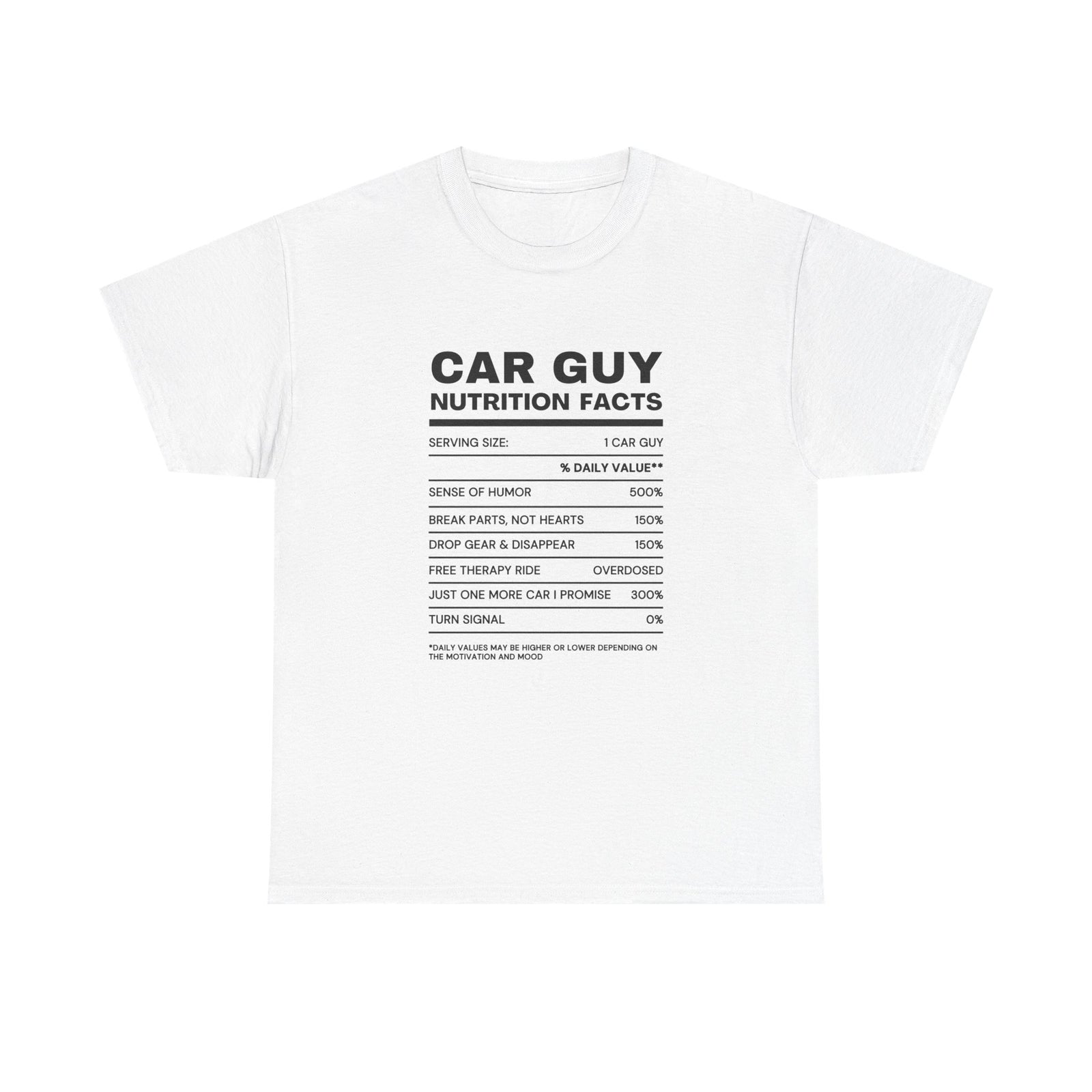 Car Guy Nutrition Facts t-shirt - nutrition label parody tee for car enthusiasts