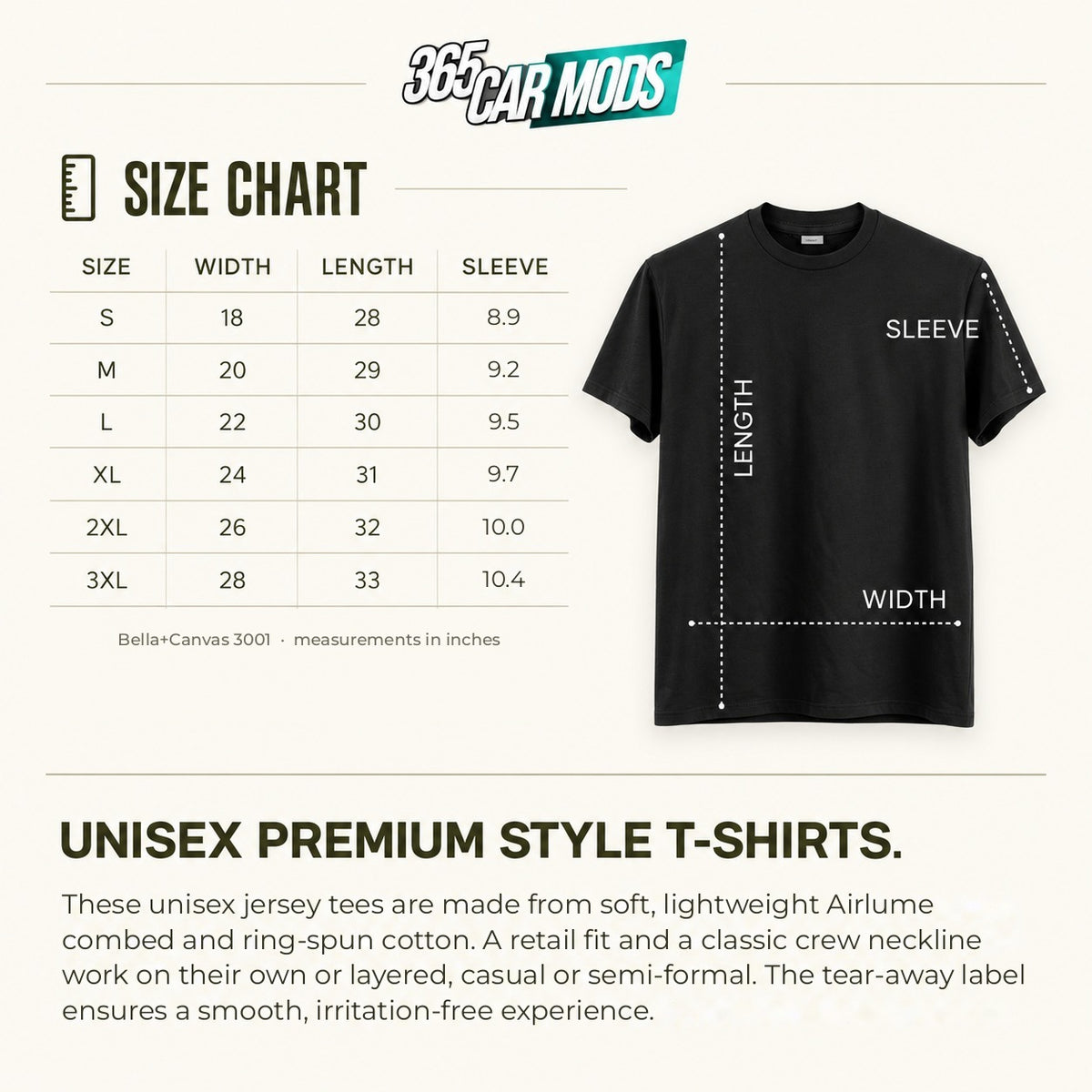 Bella+Canvas 3001 T-shirt size guide