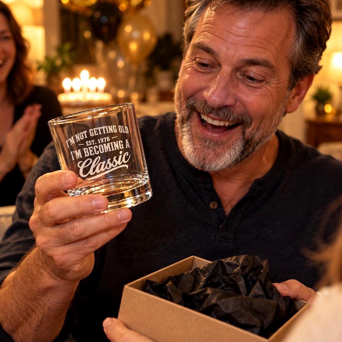 I'm Not Getting Old I'm Becoming a Classic Whiskey Glass - man opening the glass as a birthday gift
