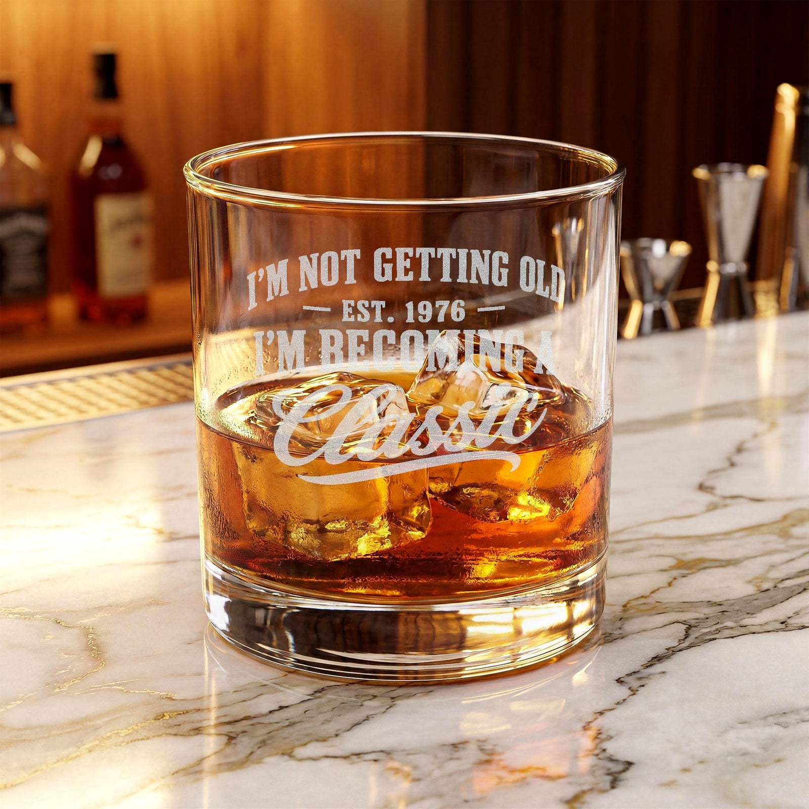 I'm Not Getting Old I'm Becoming a Classic Whiskey Glass - glass with whiskey and ice on a marble bar