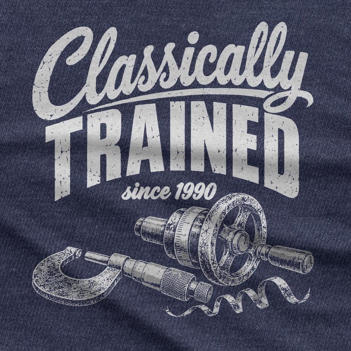 Close-up of the Classically Trained print: a lathe handwheel, an outside micrometer and a curl of chip with the year underneath