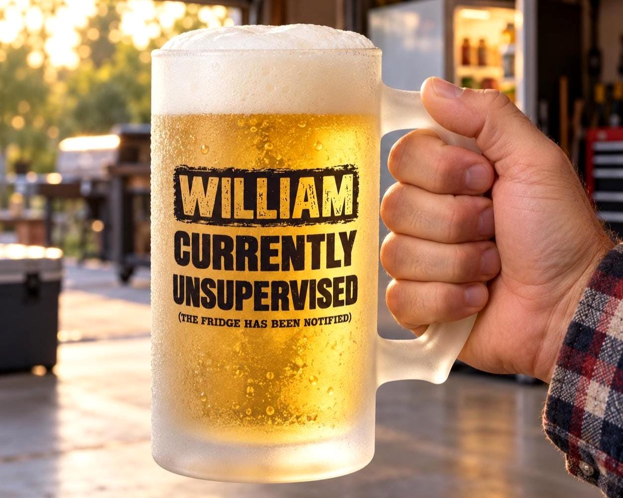 Currently Unsupervised Personalized Beer Mug - personalized beer mug with the name Richard on a kitchen counter as someone leaves with a suitcase