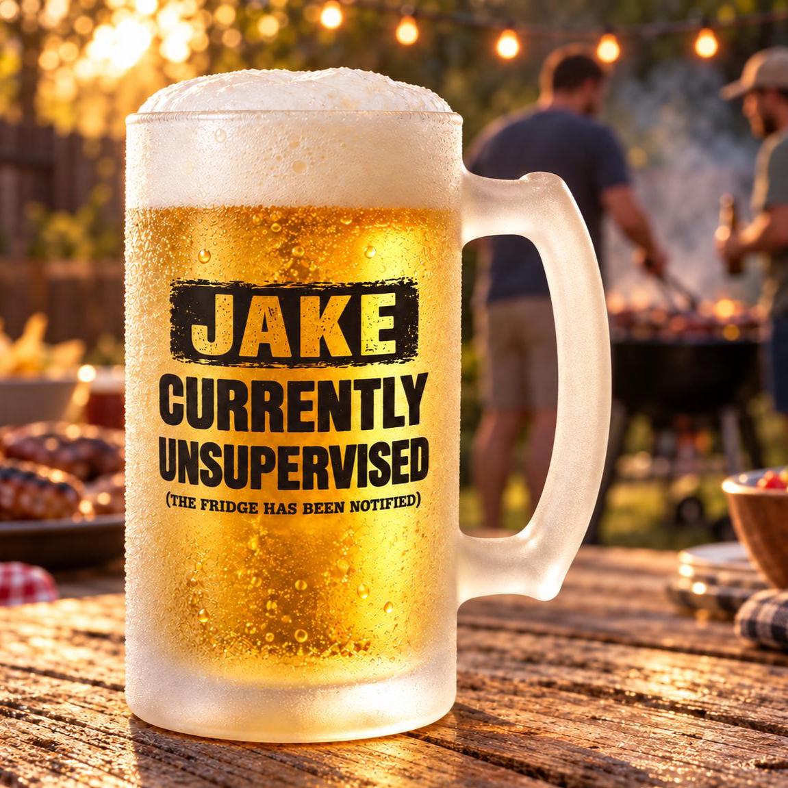 Currently Unsupervised Personalized Beer Mug - mug with the name Jake on a picnic table at a backyard barbecue