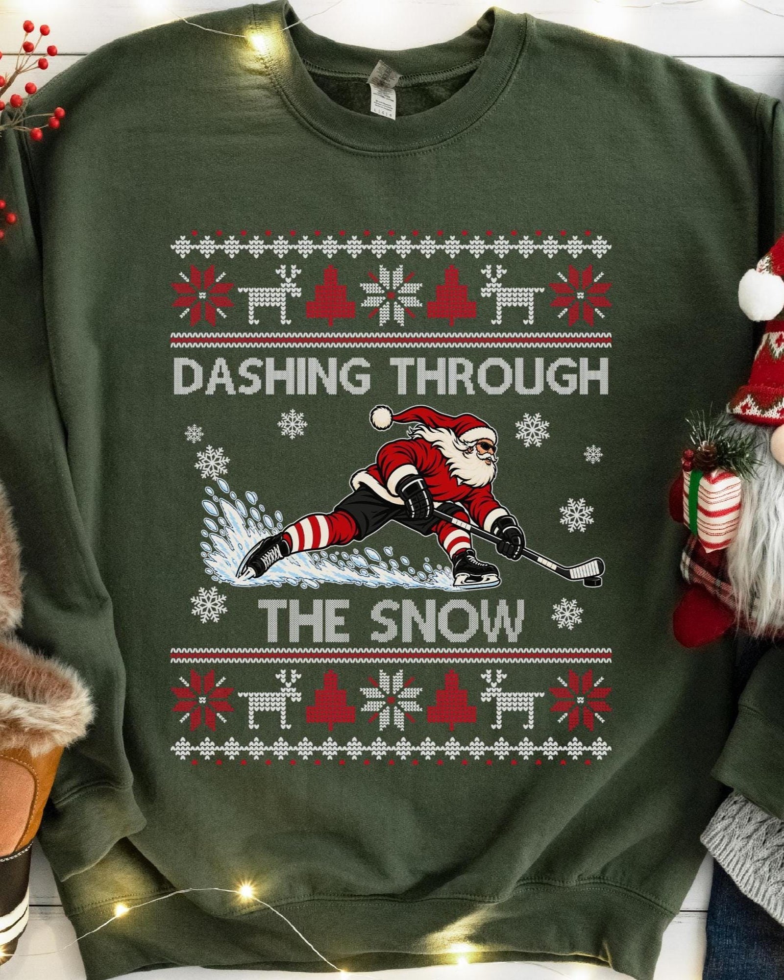 Dashing Through The Snow Hockey Christmas Sweatshirt in Military Green