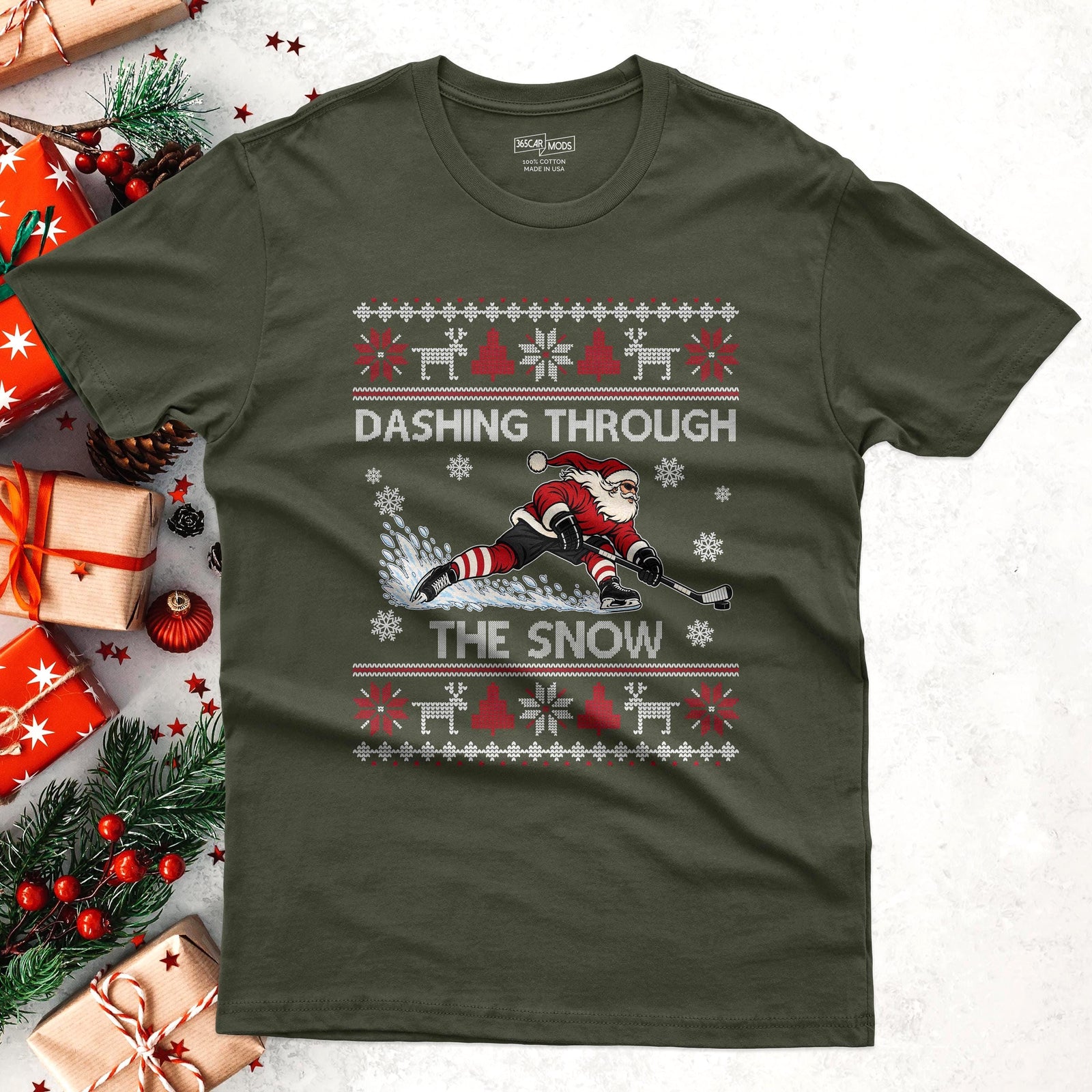 Dashing Through The Snow Hockey Christmas T-Shirt in Military Green