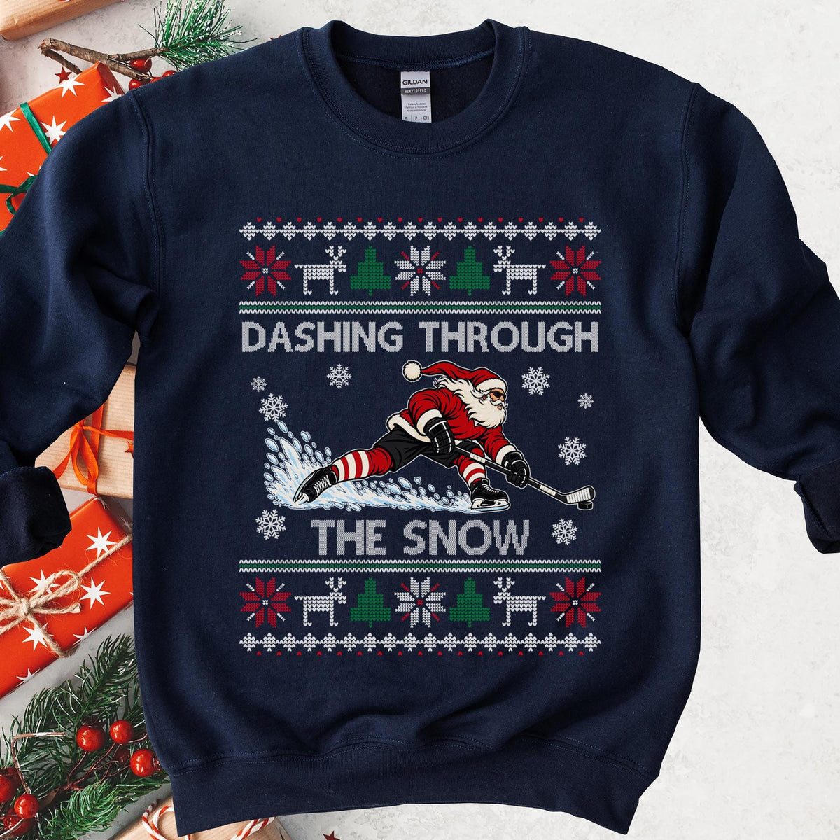 Dashing Through The Snow Hockey Christmas Sweatshirt in Navy