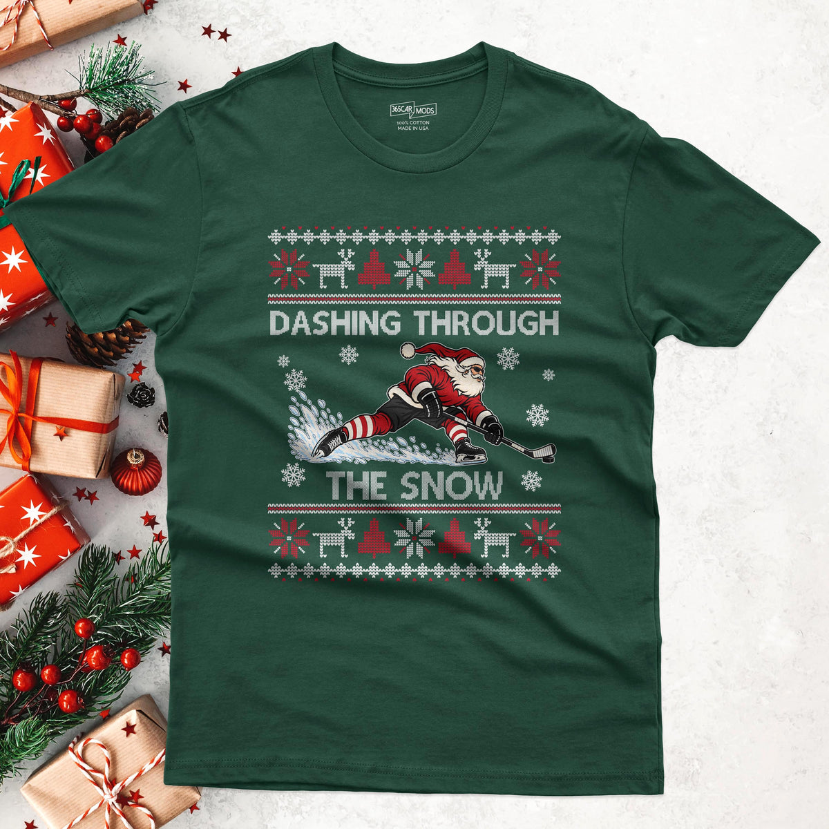 Dashing Through The Snow Hockey Christmas T-Shirt in Forest Green