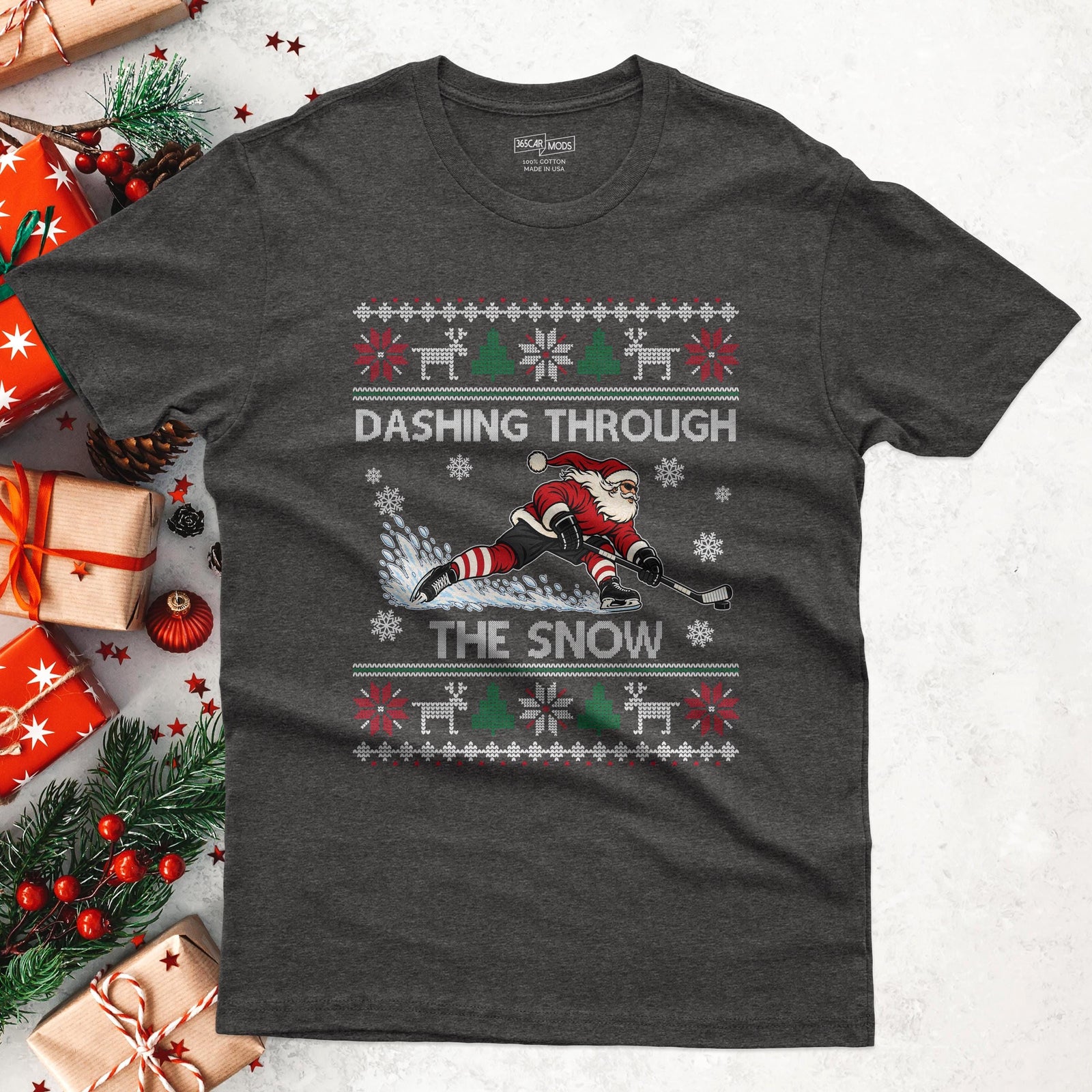Dashing Through The Snow Hockey Christmas T-Shirt in Dark Heather