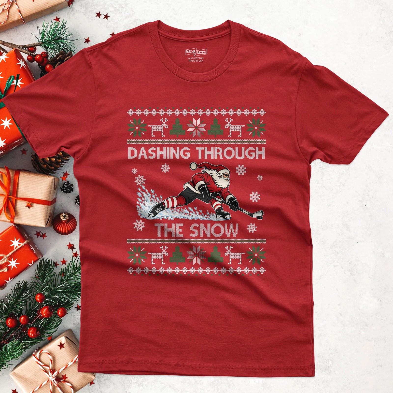 Dashing Through The Snow Hockey Christmas T-Shirt in Red