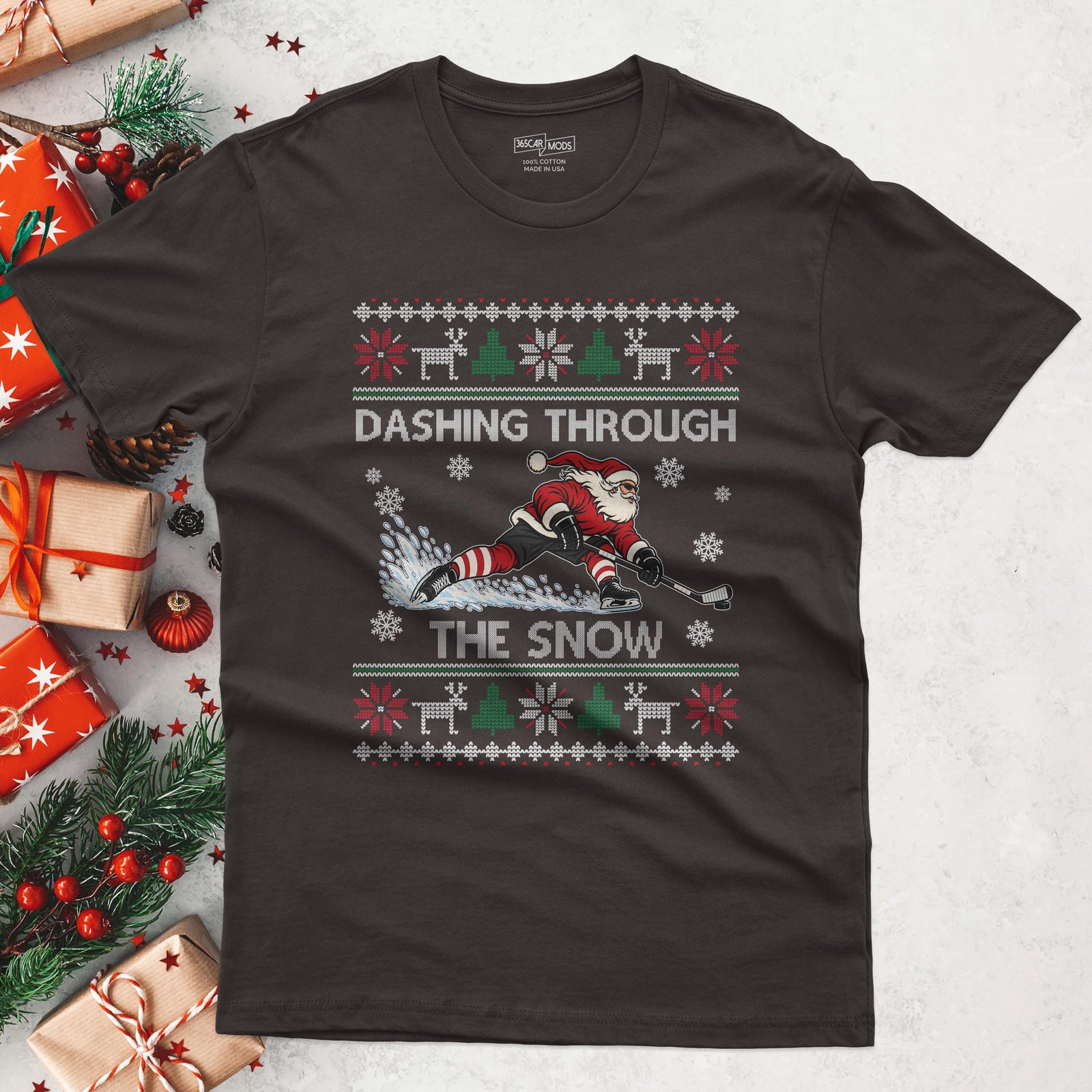 Dashing Through The Snow Hockey Christmas T-Shirt in Dark Chocolate