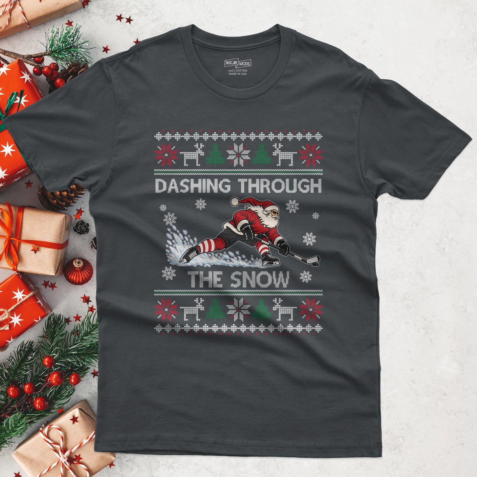 Dashing Through The Snow Hockey Christmas T-Shirt in Charcoal