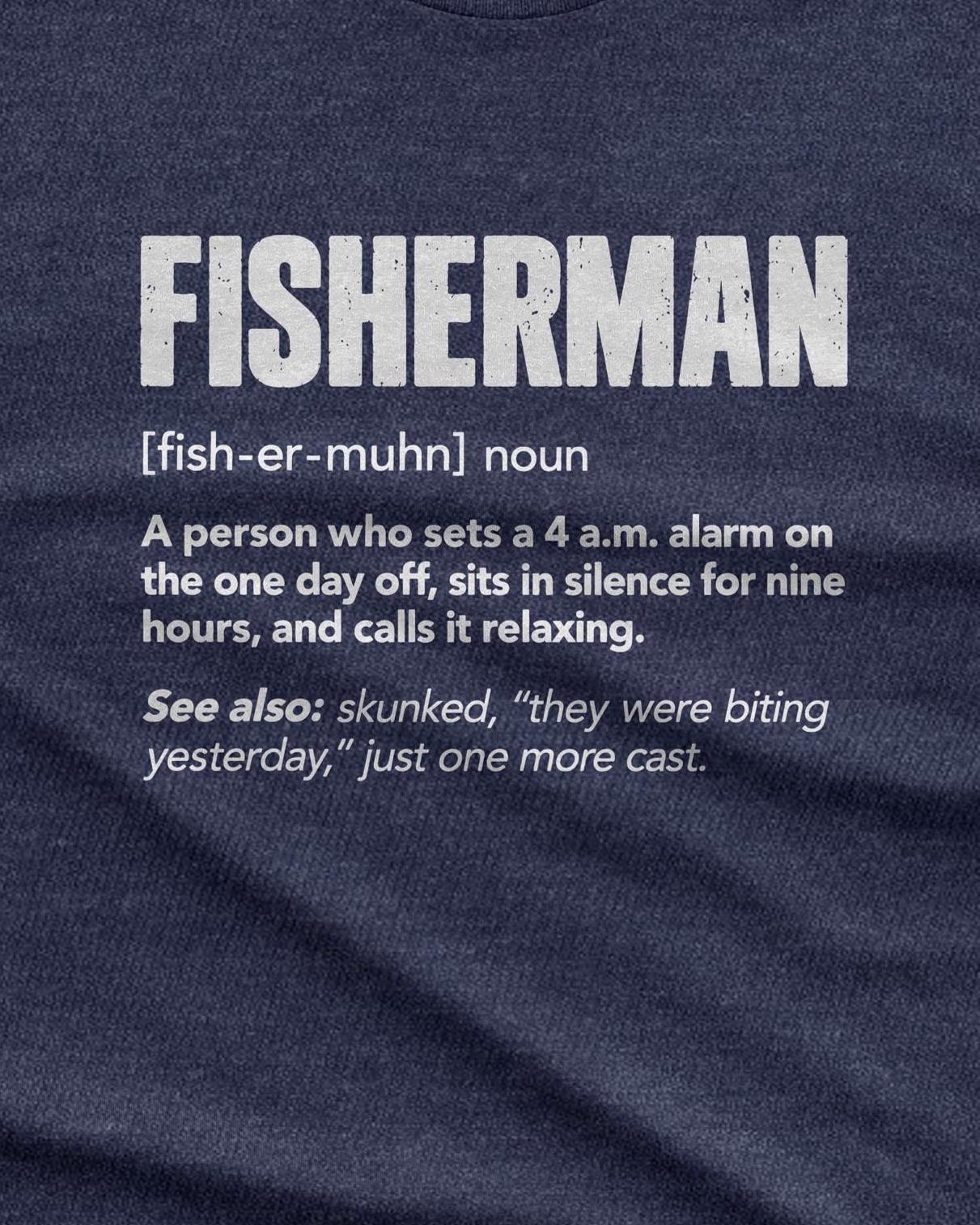 Fisherman Definition T-Shirt - man in the heather navy t-shirt sitting on a truck tailgate at a boat ramp