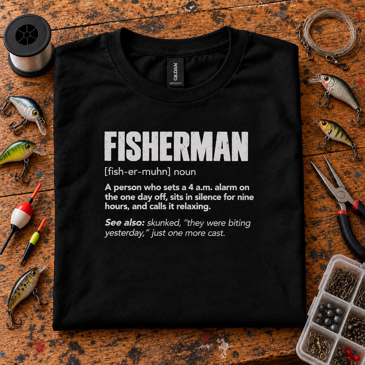 Fisherman Definition T-Shirt - black t-shirt folded next to lures, a reel and a tackle box