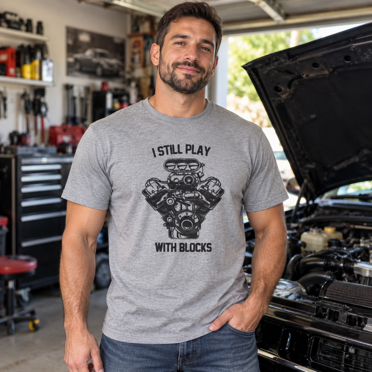 I Still Play With Blocks Funny Mechanic Car T-Shirt - lifestyle photo