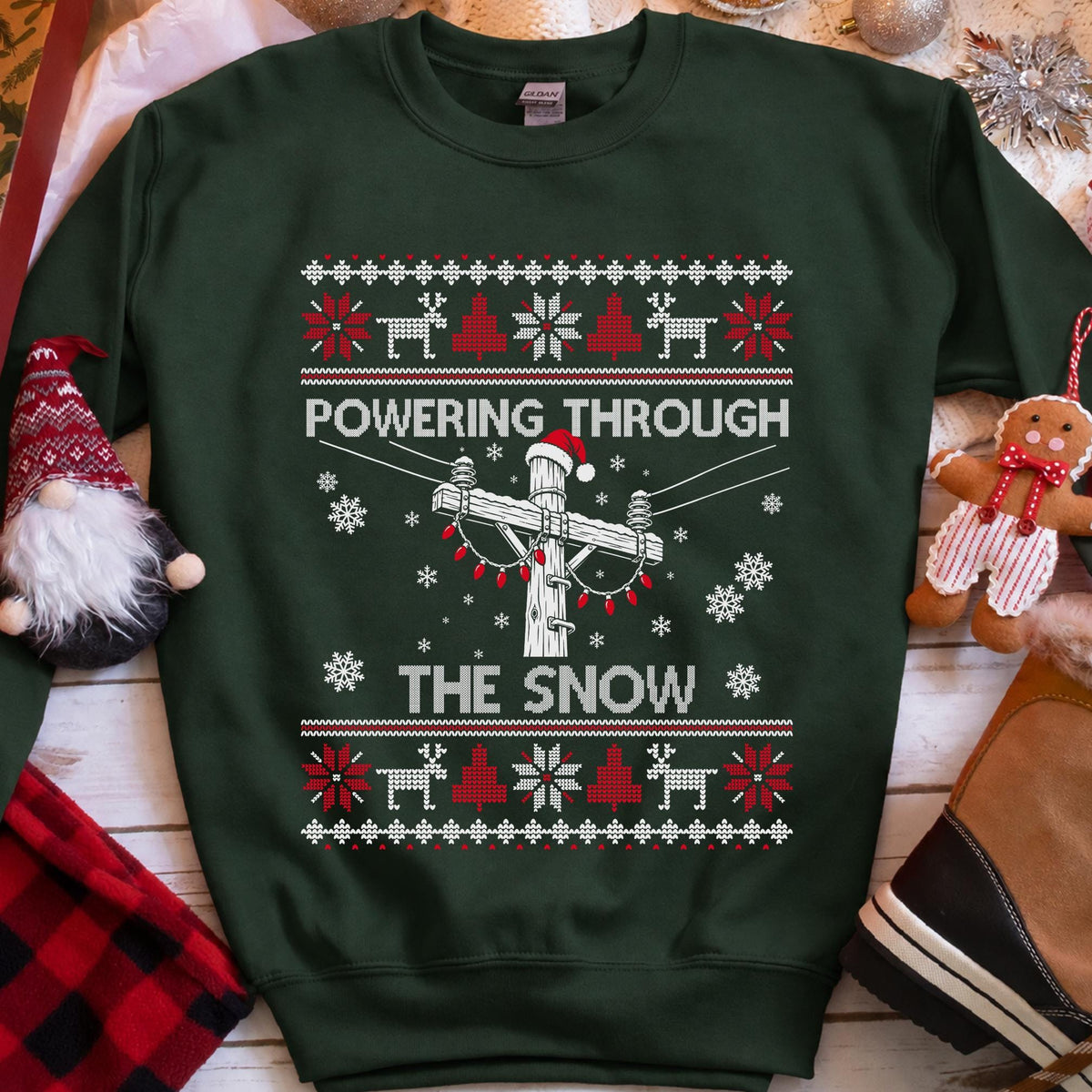 Powering Through the Snow Lineman Christmas Sweatshirt in Forest Green