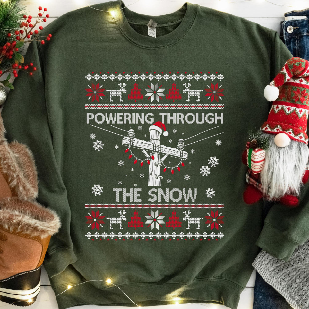 Powering Through the Snow Lineman Christmas Sweatshirt in Military Green