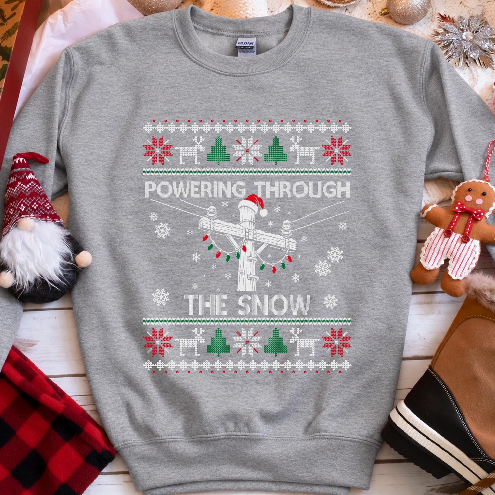 Powering Through the Snow Lineman Christmas Sweatshirt in Sport Grey