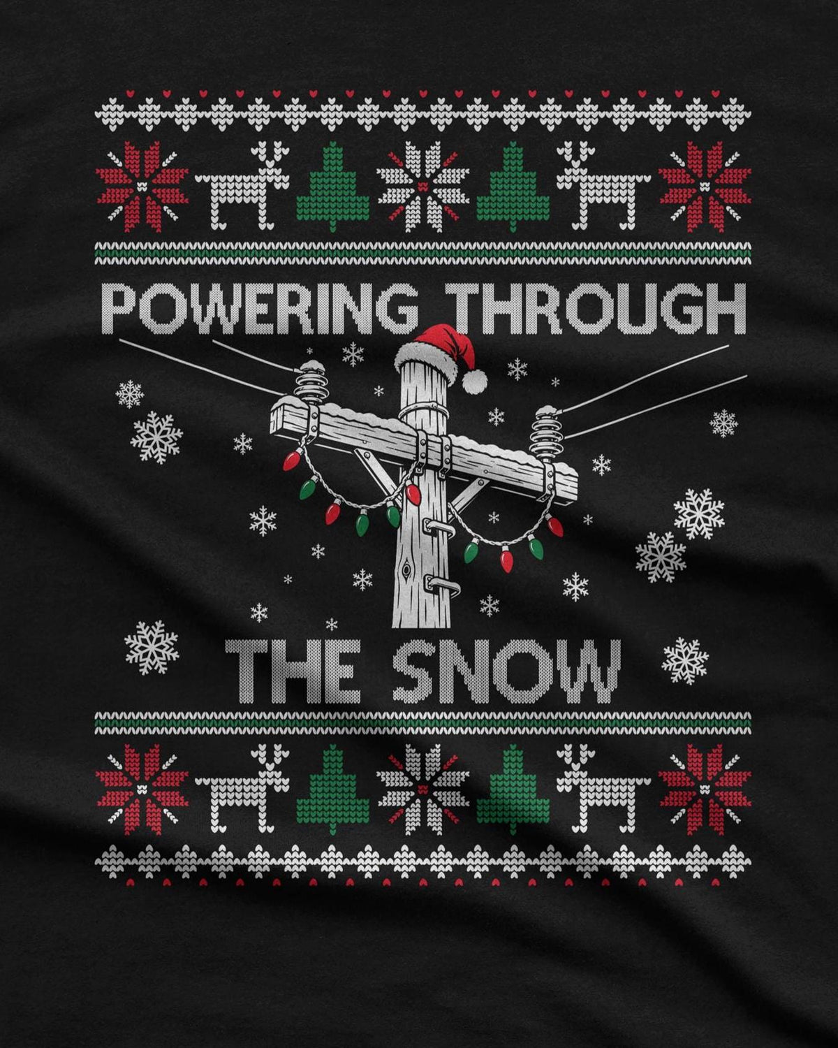 Powering Through the Snow Lineman Christmas T-Shirt - close-up of the ugly sweater knit design