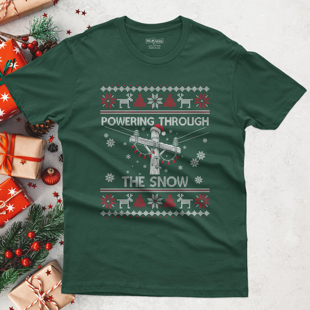 Powering Through the Snow Lineman Christmas T-Shirt in Forest Green